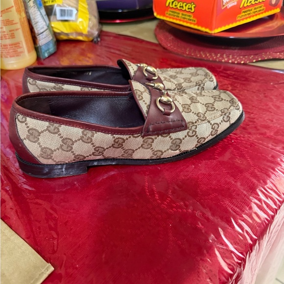Gucci Brown GG Canvas Loafers with Burgundy Trim & Gold Horsebit - Picture 4 of 8
